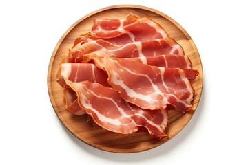 Delicious jamon isolated on a white background. View from above.