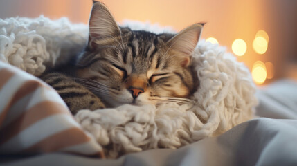 A cozy cat under a blanket, purring in the warmth, squinting with happiness - obrazy, fototapety, plakaty
