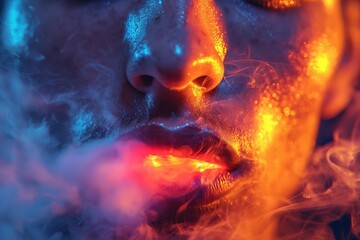 close up of mouth of male vaper smoker exhales hookah steam with neon light - obrazy, fototapety, plakaty