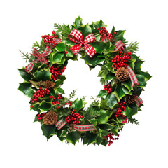 christmas wreath with holly berries and ribbon