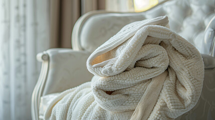 A plush luxurious bathrobe folded neatly on a pristine white chair.