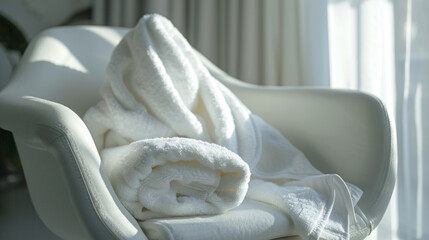 A plush luxurious bathrobe folded neatly on a pristine white chair. - obrazy, fototapety, plakaty