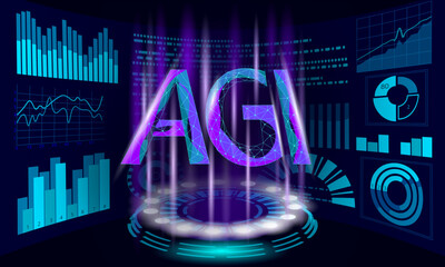 Artificial general intelligence wire HUD display letter symbols. Minimalist style AGI icon. Machine learning concept technology AI brain vector illustration