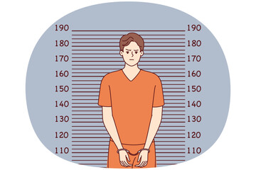 Man in handcuffs and orange clothes stands near lines for measuring height. Guy who broke law and went to jail poses for picture of criminal intended for personal file. Flat vector image