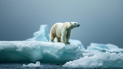 A polar bear on a shrinking ice floe symbolizing climate change. - obrazy, fototapety, plakaty