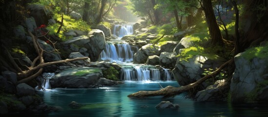 A stunning waterfall cascades through the lush green forest, surrounded by rocks and trees, creating a beautiful natural landscape of fluvial landforms and terrestrial plants - obrazy, fototapety, plakaty