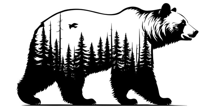 Mountain bear hand drawn silhouette for your design, wildlife concept. Isolated on white background. Isolated emblem with quote, sign, banner, logo, posters, greeting cards, scrap booking, for textile