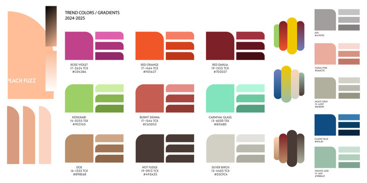 Fashion colors and gradients trend Winter Spring 2024 2025. Color palette forecast of the future color trend. Stock vector palette of shade