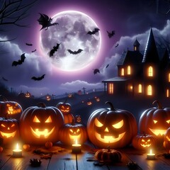 Happy halloween scene with pumpkins and a full moon in the background Ai generated 