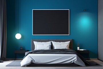 A contemporary dark-themed bedroom with a dark bed, showcasing an empty mockup frame on a vibrant blue wall. 8k,