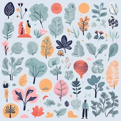 A collection of seamless pattern, colorful abstract plants and flowers. Hand drawn Collection of leaves and flowers. A close up of a pattern of flowers and leaves.
