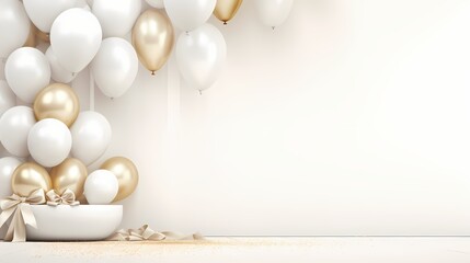 Fototapeta na wymiar Realistic mockup featuring a white background adorned with a cluster of white balloons and a ribbon, evoking a sense of joy and celebration.