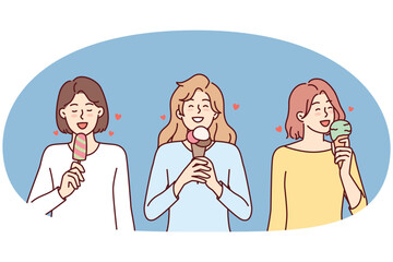 Girls eat ice cream to cool down during summer walk or satisfy their hunger with street food. Three women with cold ice cream enjoy sweet taste of popsicles on stick or in waffle cone