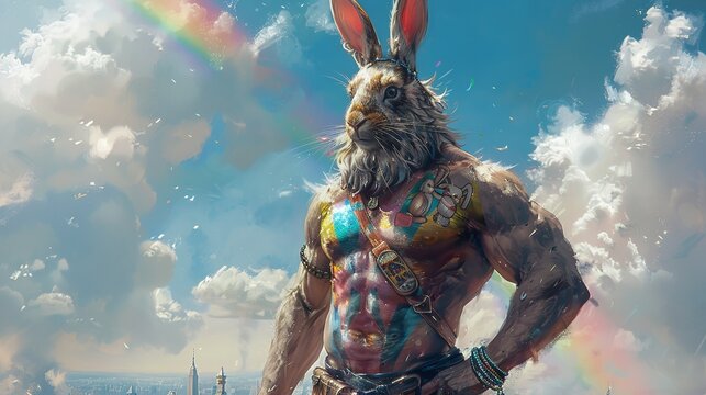 full-body picture of the most muscular man in the world. he wears  bunny ears