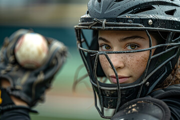 Young Girl With Catchers Mitt Holding Baseball