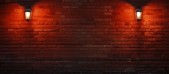 A brown wood brick wall with two amber automotive lighting lanterns. The lanterns emit an orange...