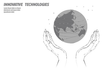  Web Save planet Earth in hands. Asia problem solving. Pease safety agreement. Low poly polygonal design vector illustration