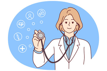 Positive woman doctor puts stethoscope to camera wanting to help patient in getting rid of diseases. Girl clinic employee for health care or medical insurance concept. Flat vector illustration