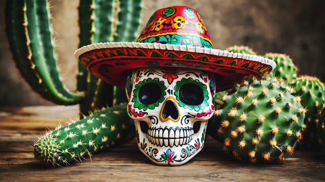 Cinco de mayo background, Mexican sugar skull, sombrero and cactus, day of the dead, dia de muertos, culture and religion concept, festive template, wallpaper