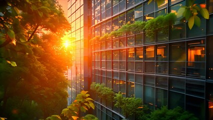 Eco-friendly building in the modern city. Sustainable glass office building with tree for reducing carbon dioxide. Office building with green environment. Corporate building reduce CO2,generative ai