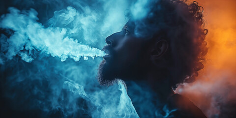 Portrait of black male smoker exhaling cigarette smoke in a smoky atmosphere with neon lights - obrazy, fototapety, plakaty