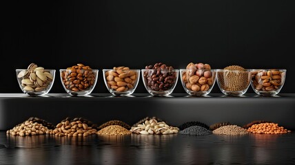 glass cups filled with an assortment of nuts, seeds, and legumes against a striking black background, showcasing natural beauty in high resolution.