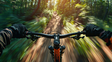 A riders perspective of rushing down a mountain bike trail. - obrazy, fototapety, plakaty