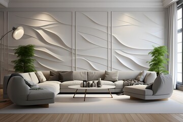 Picture a contemporary living room with a tastefully designed 3D wall mockup, where the marriage of form and function enhances the overall appeal of Scandinavian interior design.