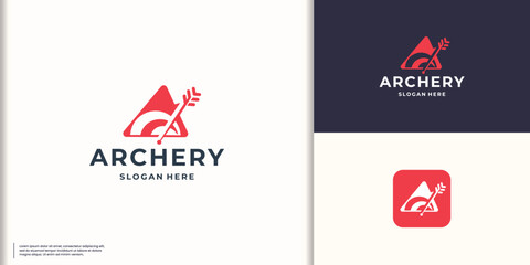 creative archery logo design with triangle concept arrow right on bullseye target vector illustration. - obrazy, fototapety, plakaty