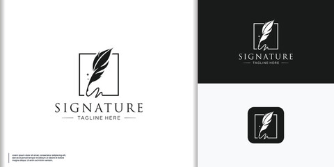 creative feather ink logo with square frame concept. - obrazy, fototapety, plakaty
