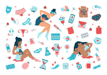 Set of menstruation period elements and women with menstrual pain in hand drawn. Girl's health concept. Various feminine hygiene products, menses protection icons. Isolated vector flat illustration