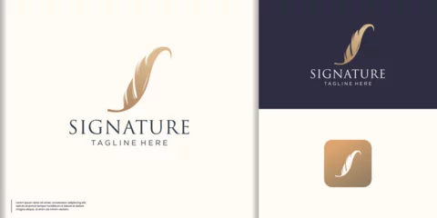 Fotobehang feather pen logo silhouette vector design, golden color, logotype for your business company identity © ulhaq_std