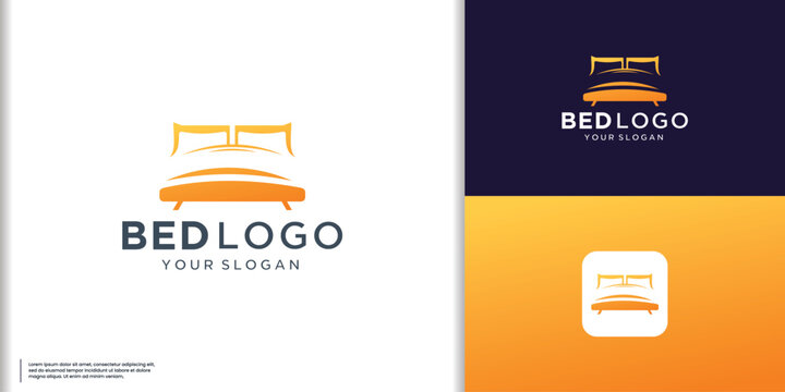 Double bed with pillow and duvet logo design. Bedroom furniture vector design. Mattress logotype