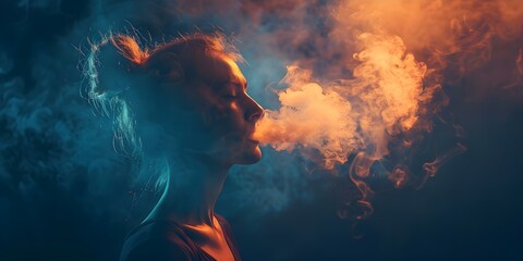 Portrait of a woman vaping with a cloud of smoke around her against a dark background. Concept Vaping, Woman, Smoke cloud, Dark background, Portrait - obrazy, fototapety, plakaty