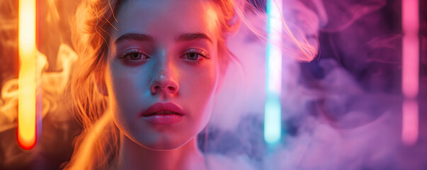 portrait of girl hookah smoker vaper in a smoky atmosphere with neon light