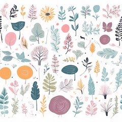 A collection of seamless pattern, colorful abstract plants and flowers. Hand drawn Collection of leaves and flowers. A close up of a pattern of flowers and leaves.
