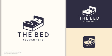 Vector sign stylized bed logos with pillows and duvet concept. - obrazy, fototapety, plakaty