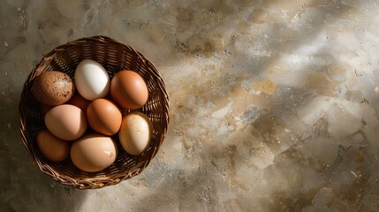 Basket with eggs on a table, background with free place for text. Healthy fresh farm product