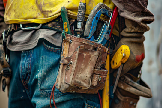 A close-up shot of a construction workes tools. The focus is on the variety of tools, each with a specific purpose in the construction process