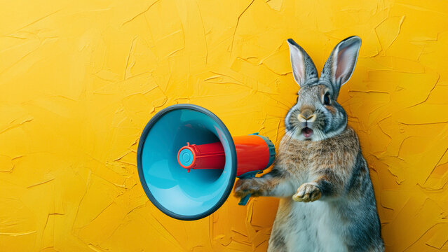 Cute Easter Bunny with megaphone. This colorful art collage ideal for holiday ad campaigns and marketing promotions.