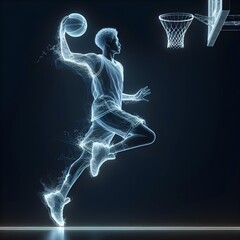A basketball player is captured in mid-air about to make a slam dunk, rendered in dynamic blue light lines against a dark background - 767378425