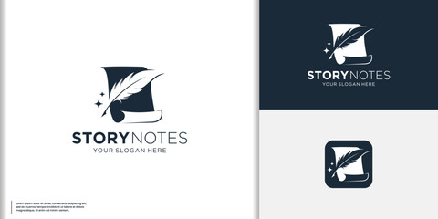 minimalist Classic book logo design with Quill feather pen handwriting in negative space shape concept.