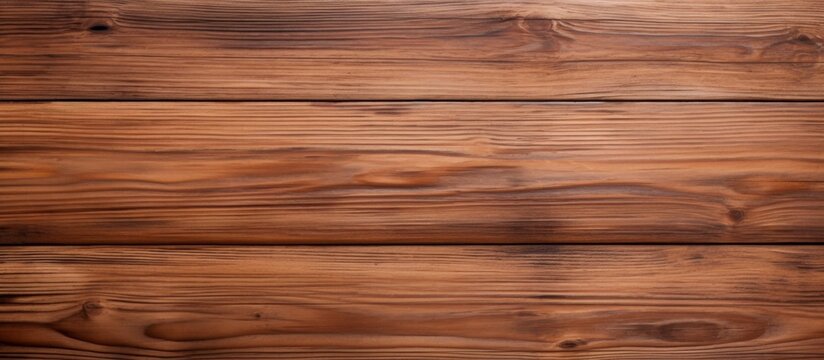A closeup shot displaying the intricate pattern of a brown hardwood plank table with a glossy varnish finish, set against a blurred background