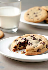 A big bite out of a chocolate chip cookie on a white plate and a glass of milk in the background - 767378623
