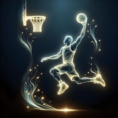 A basketball player is captured in a dynamic pose, appearing to leap toward the basket for a slam dunk, outlined by a glowing, neon light effect against a dark background  - 767378685