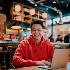 A smiling man in a red hoodie working on a laptop at a cafe