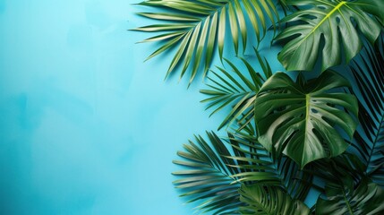 Fototapeta na wymiar Summer Vibes: Palm Leaves on Pastel Blue Background - Flat Lay Top View with Copy Space - Seasonal Composition