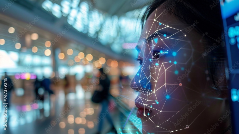 Poster facial recognition technology in use at busy airport terminal
