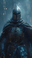 Digital Knight Defending Against Waves of Binary Attacks in Futuristic Cyber Realm - obrazy, fototapety, plakaty