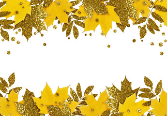 Yellow and golden autumn leaves and glitter drops in a seasonal borders isolated on white or transparent background